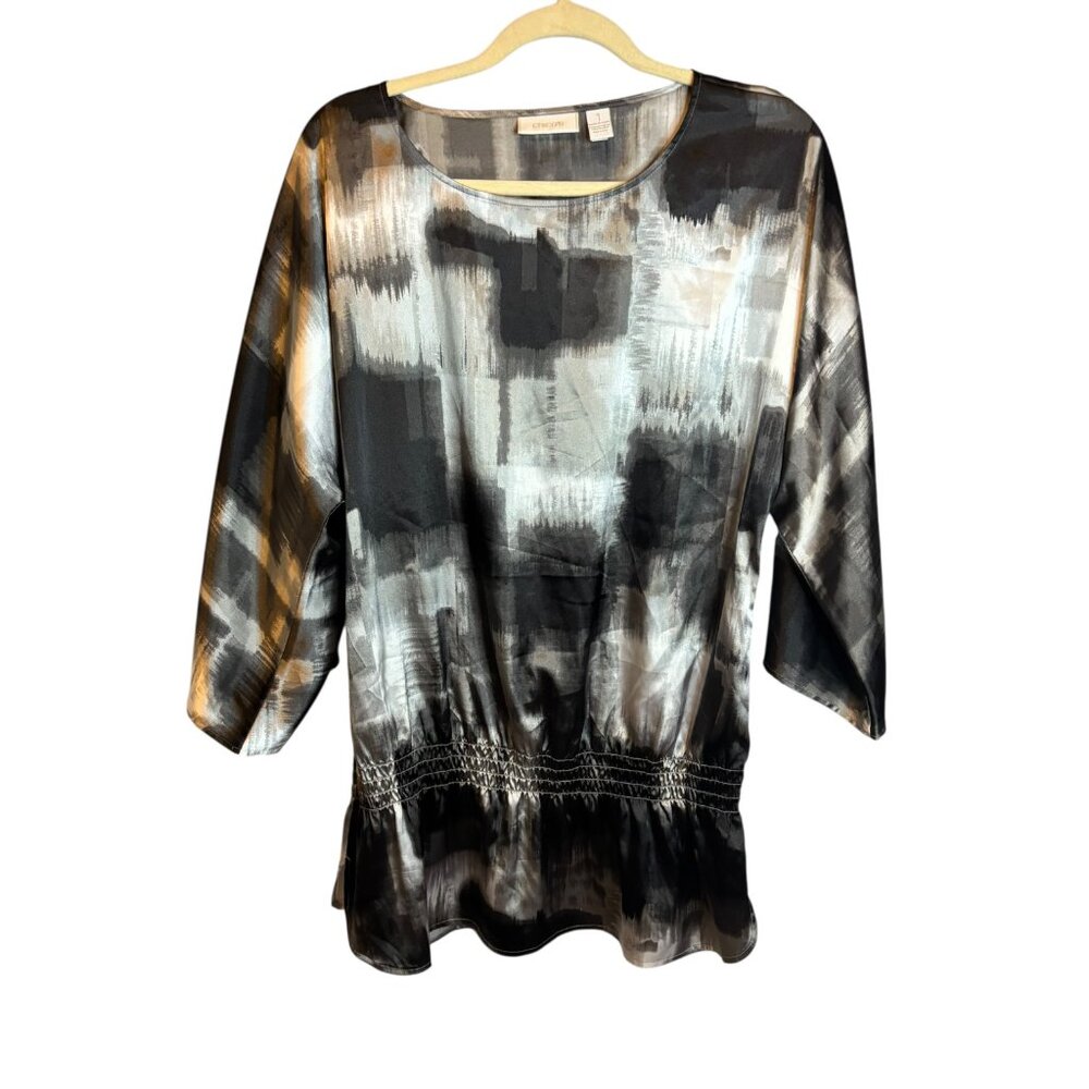 Chico's Blouse Women's Medium Scoop Neck Smocked Black‎ Gray White Chicos 1